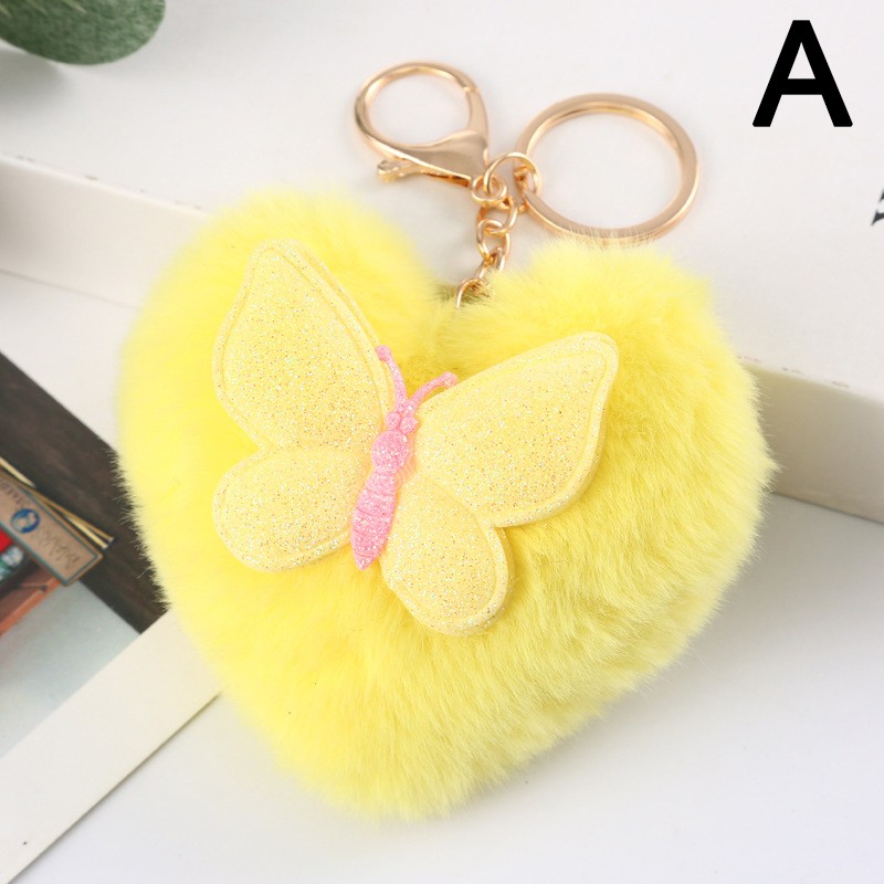 Heart Shape Hair Ball Key rings Plush Pompom Car Keychain for Women Bag Ornaments Cute Butterfly Key Chain Holder