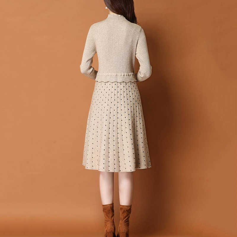 Chic Long Knit patchwork Women dot printed Sweater Dress Thick Warm Winter Dress Female Rib Turtleneck A Line Dress Office Lady 210729
