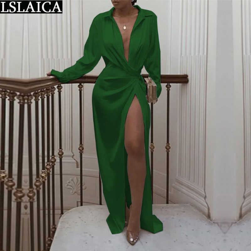 Womens Dresses Turn-down Collar White Geometry Print Streetwear Bandage Dresses Long Sleeve Hollow Out Sexy Hem Split Long Dress 210630