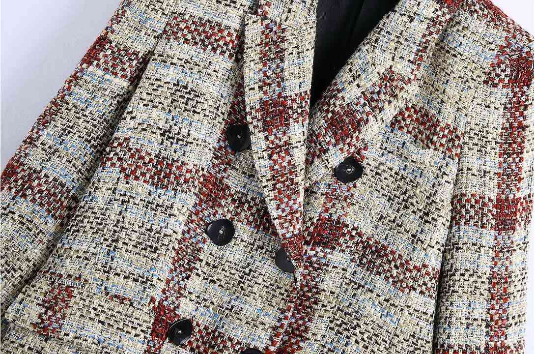Spring CHIC Women Weave Tweed Gingham Plaid Blazer Retro Elegant Double-breasted Buttons Suit Female Fashion Vintage Coat 210429