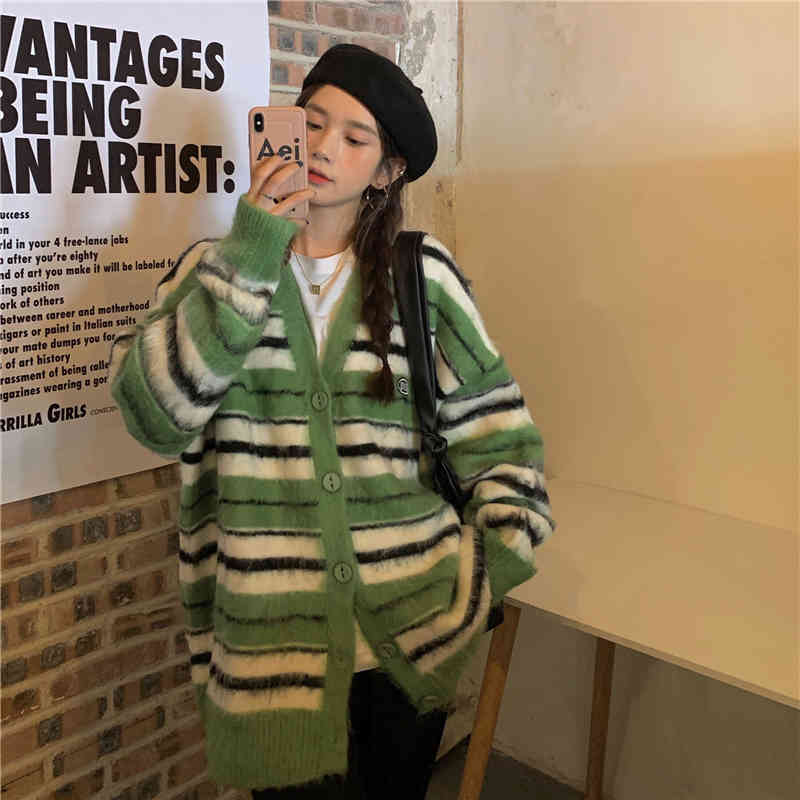 Wonder Striped Ugly Sweater Cardigan Winter Mohair Female Casual Korean Button-down Coat Women 210510