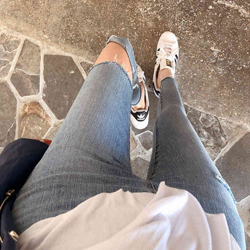Light Blue Denim fashion Autumn Skinny High Waist Casual Ripped Jeans for Women Pencil Pants Mujer 10406 210417