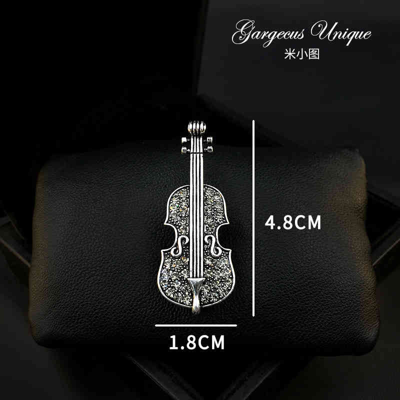 887 Exquisite Violin Brooch Full Diamond Instrument Pin Men's and Women's Suit Elegant Accessories