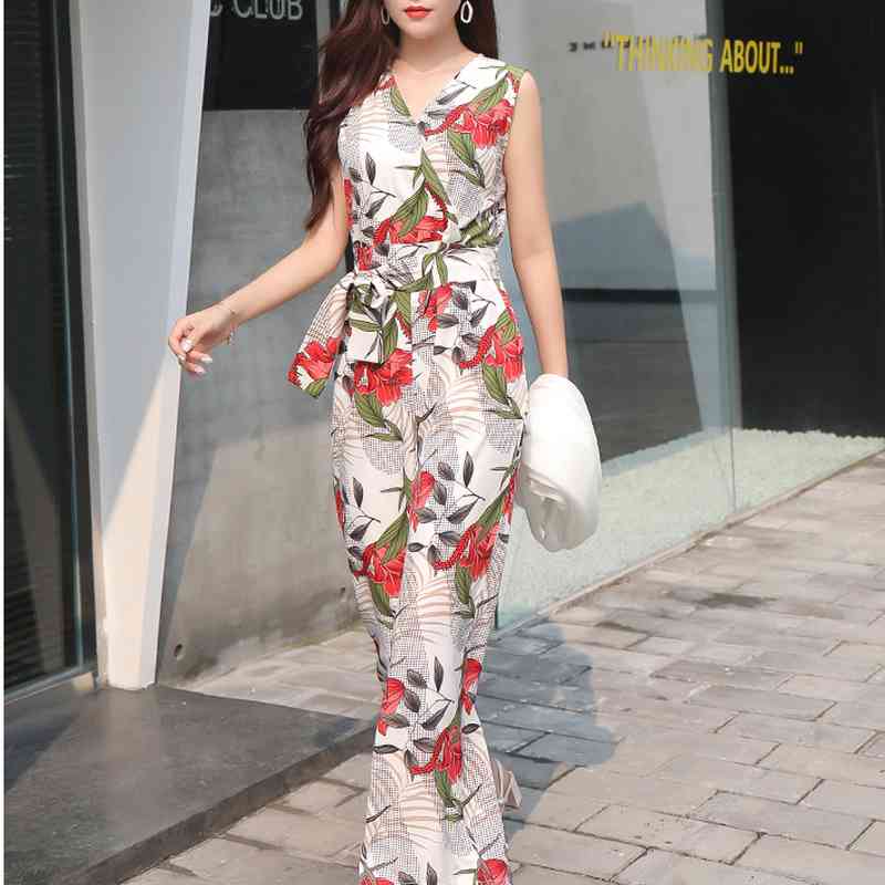 Women Retro Chiffon Wide Leg Pants Spring Summer Bodysuits Female Slim Printed Lace Up V-neck Vest Oversize Jumpsuits 210514
