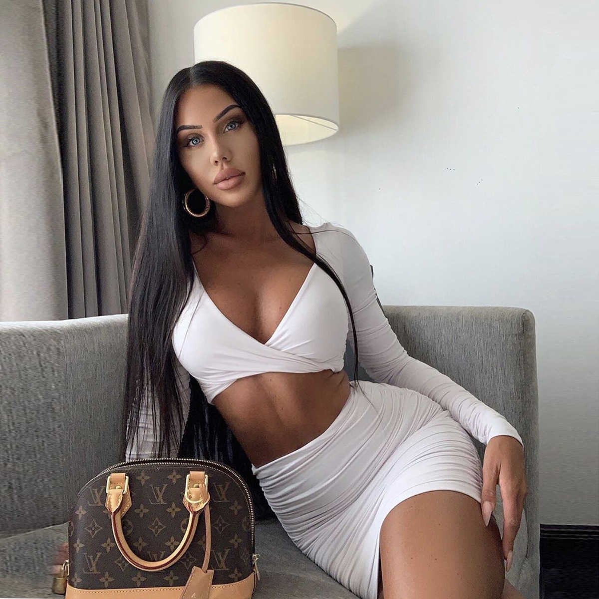 Colysmo Solid Ruched 2 Pieces Set Women Long Sleeve V Neck Tops Mini Skirt Bodycon Sexy Party Night Two Piece 210527