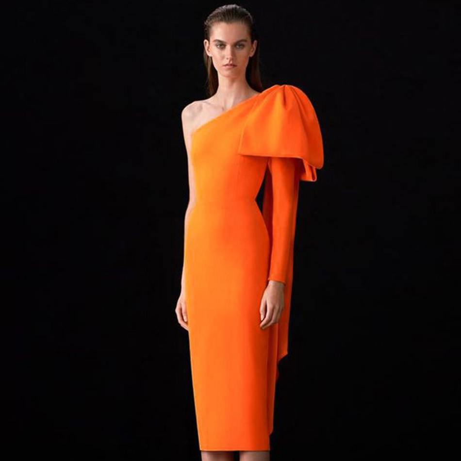 Winter One Shoulder Bodycon Bandage Dress Women Sexy Bow Long Sleeve Club Midi Celebrity Evening Runway Party Dresses 210423
