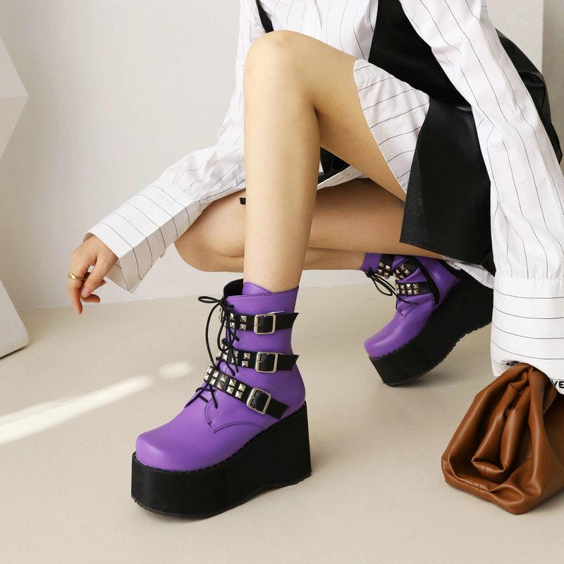 Boots Autumn And Winter Punk Style Women's Short Round Toe Wedges With Rivet Belt Buckle
