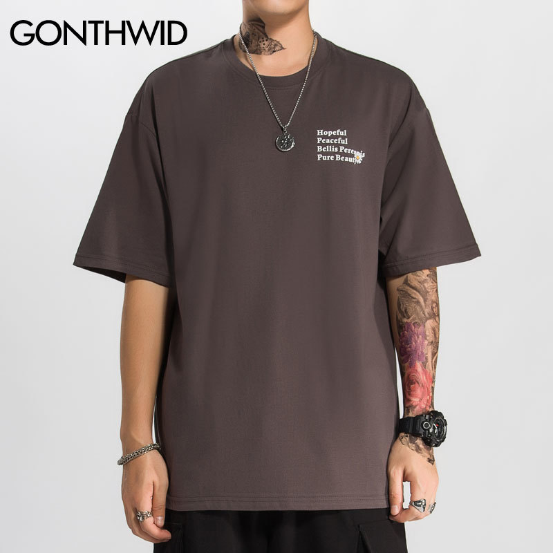 GONTHWID Harajuku Daisy Flower Print Tshirts Casual Streetwear Short Sleeve Tops Tees Men Hip Hop Fashion Summer T Shirts Male 210329