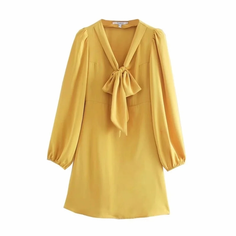 Foridol bowknot lace up yellow vintage chiffon dress women autumn winter long sleeve elegant casual ladies short dress 210415