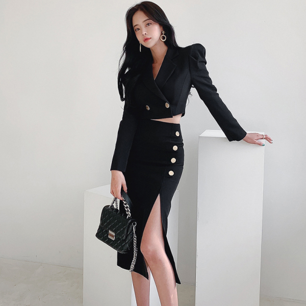 Korean Spring Women 2 Piece Set Office OL Elegant Notched Long Sleeve Crop Top+High waist Bodycon Sexy Split Midi Skirt Outfits 210519