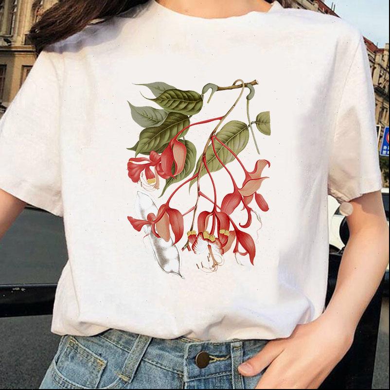 flower leisure printed 90s womens yong girl kawaii camisas mujer tees, White