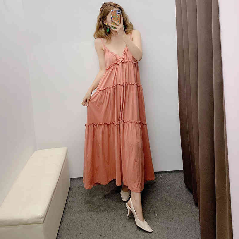 Chic Spaghetti Strap Pink Ruffled Dress Women Summer Casual Sleeveless Cotton Long Solid V Neck Midi Beach es 210515