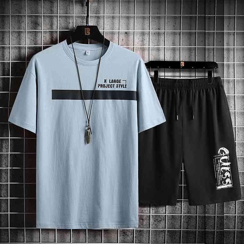 Men Casual Set Letter Print Tracksuit Fashion 2 Piece Striped Short Sleeve T-shirt+Shorts Male Sportswear Summer Sportsuit 210603