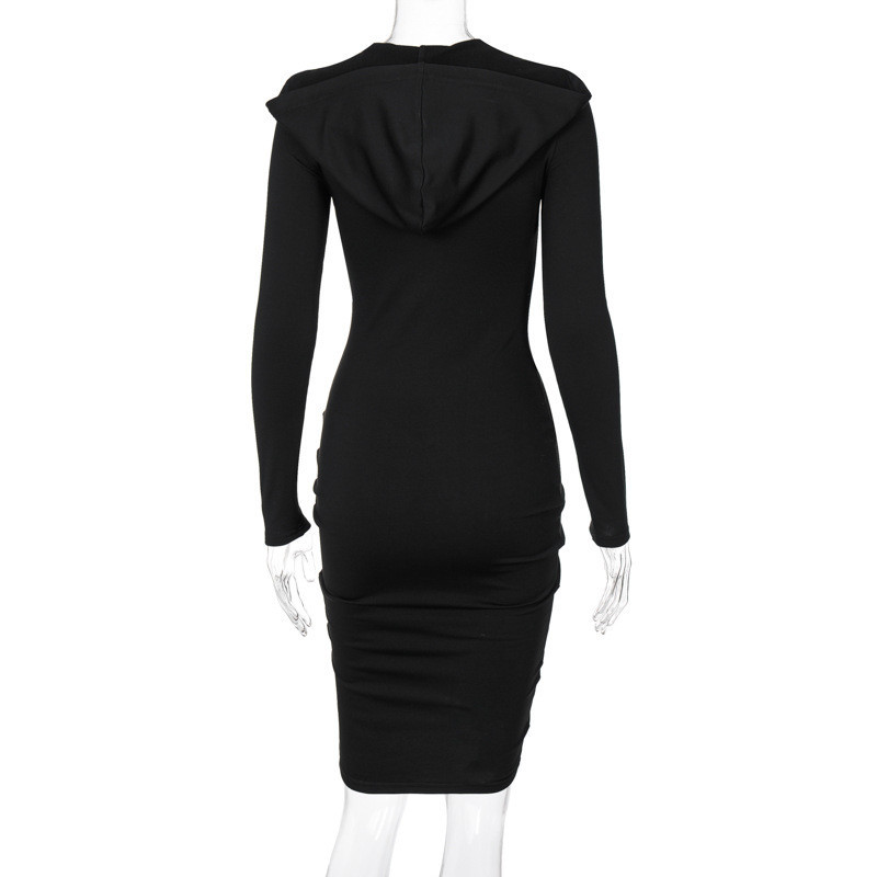 CNYISHE Fashion Casual Hooded Drawstring Dress Women Spring Bodycon Bandage Midi Ruched Dresses Female Black Robes Vestidos 210419