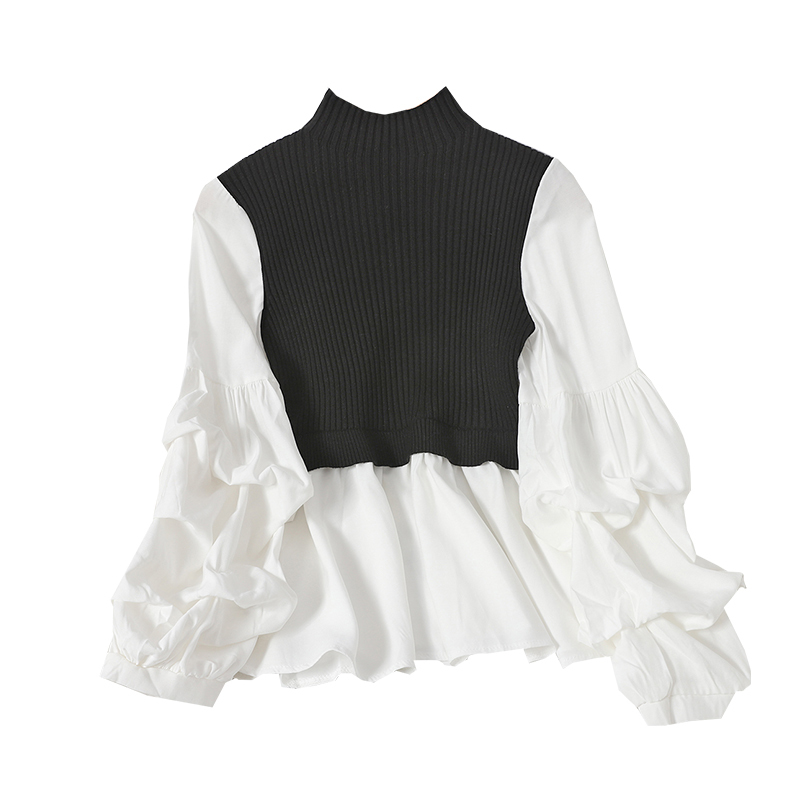 Nomikuma Knitted Patchwork Pullovers Autumn Puff Long Sleeve O-neck Knitted Sweater Causal Women Ruffle Pull Femme 6C605 210427