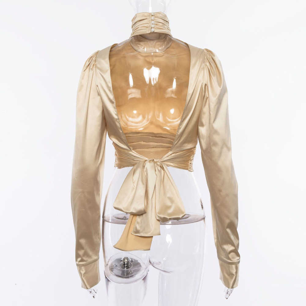 Elegant Turleneck Satin Slik Blouse Women Shirt Backless Women Blouse Long Sleeve Bow Tie Womens Tops and Blouses blusa feminina V191019