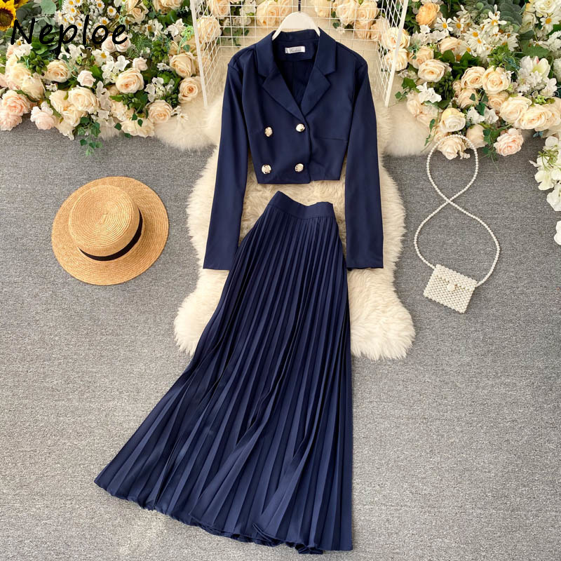 Neploe Temperament Knit 2 Pcs Women Set Turn Down Collar Long Sleeve Short Cardigans + High Waist Hip A Line Pleat Skirt Suit 210422