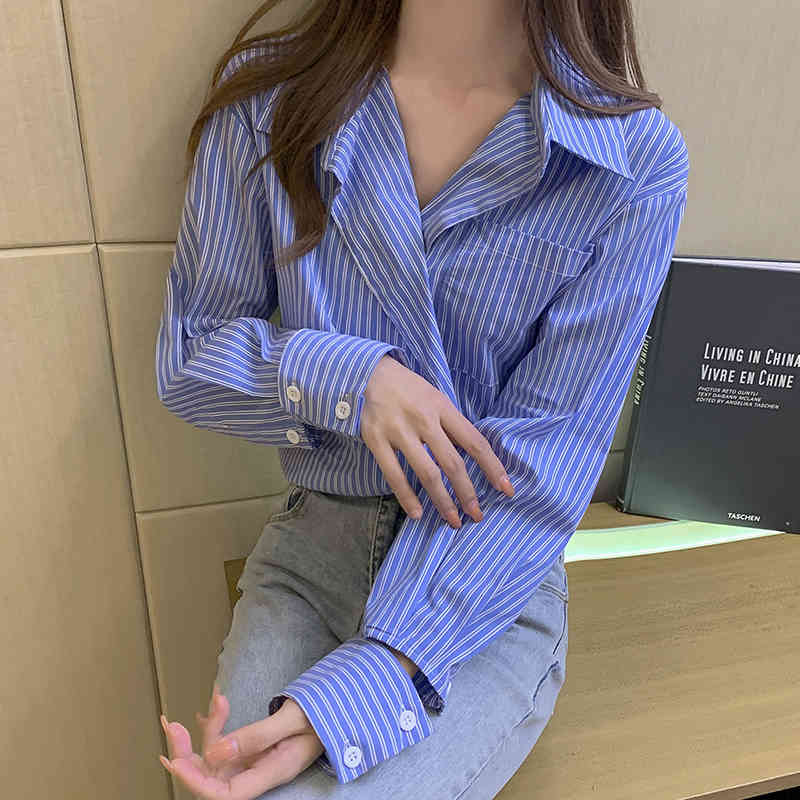 women fashion Spring blue Striped base Oversized Blouses Female Tops Loose Long Sleeved Shirt Women's 660E 210420
