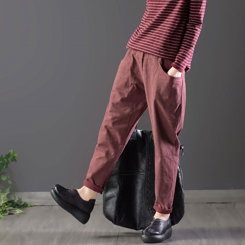 Spring Autumn Women Pants Plus Size Elastic Waist Solid Cotton Linen Harem Loose All-matched Casual Trousers Femme D154 210512