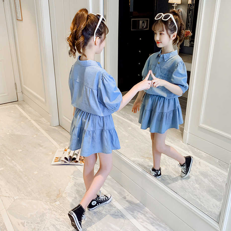 Kids Clothes Girls Denim Tshirt + Short Teenage Clothing Casual Style Sets Summer Children's 6 8 10 12 14 210528