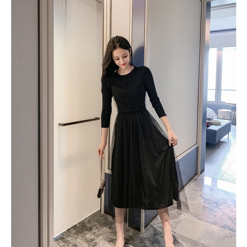 Autumn Elegant mesh knitted dress for women Long Sleeve sexy Patchwork Sweater Dress women's Casual female 210428