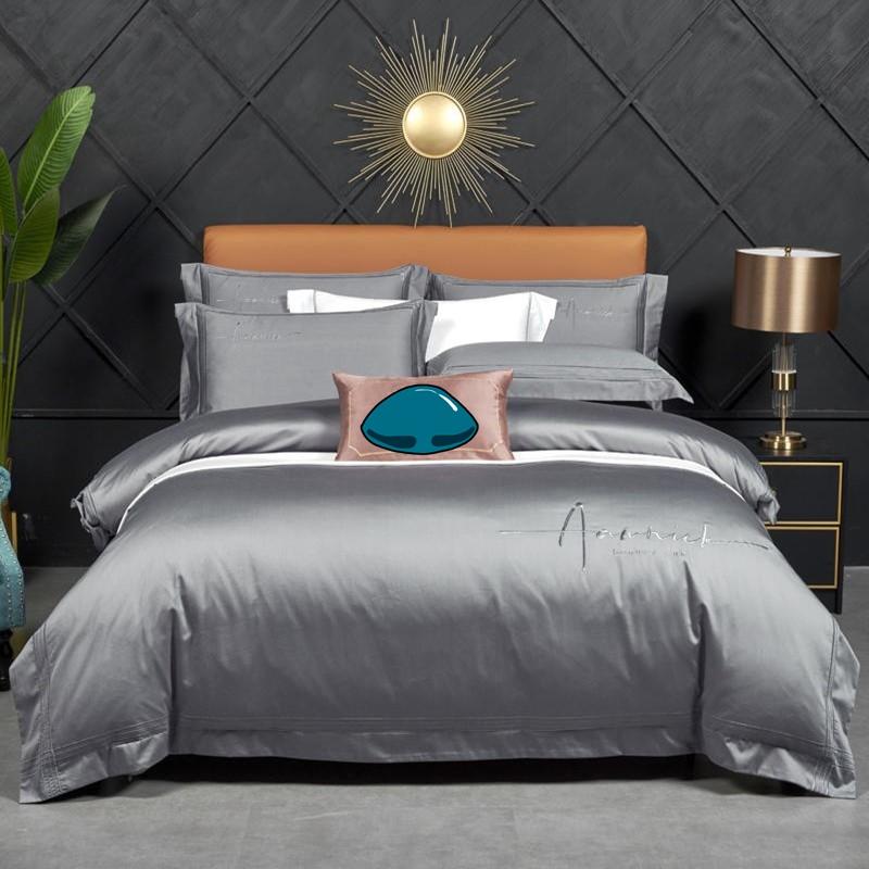 High Density Cotton Series Noble Green Bedding Set Simple Solid Color Duvet Cover 1.5/1.8m Bed Embroidery Pillowcase Sets