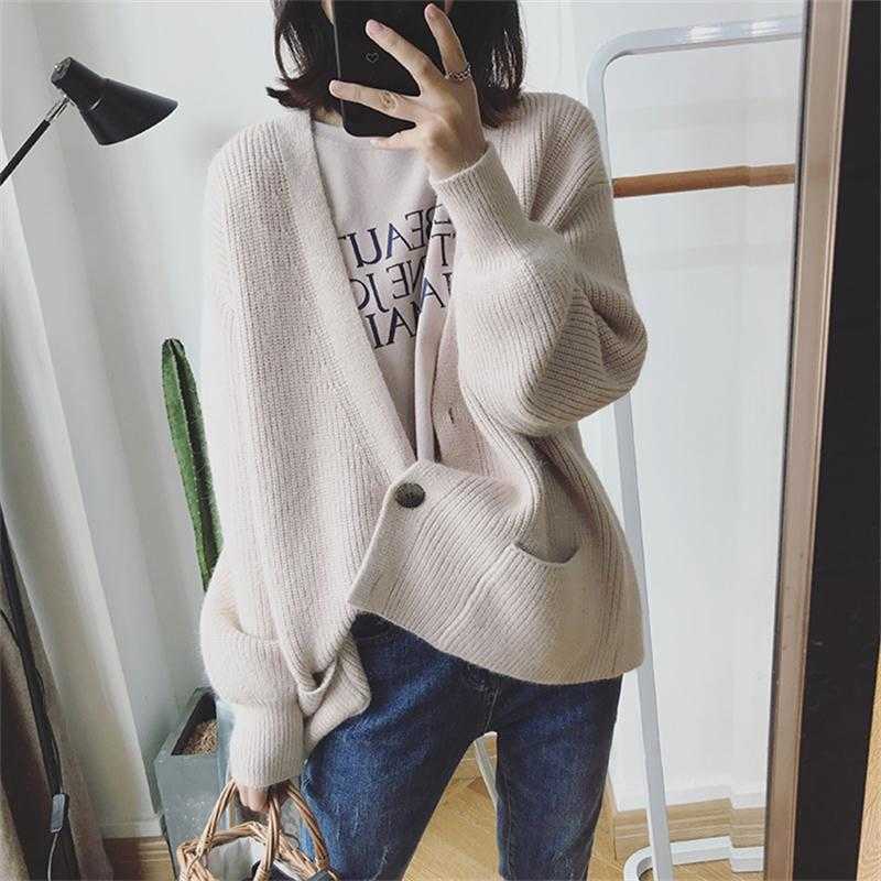 H.SA Women Winter Sweater Cardigans Lantern Sleeve V neck Button Big Pocket Knit Jacket Loose Coat Casual sueter feminino 210716