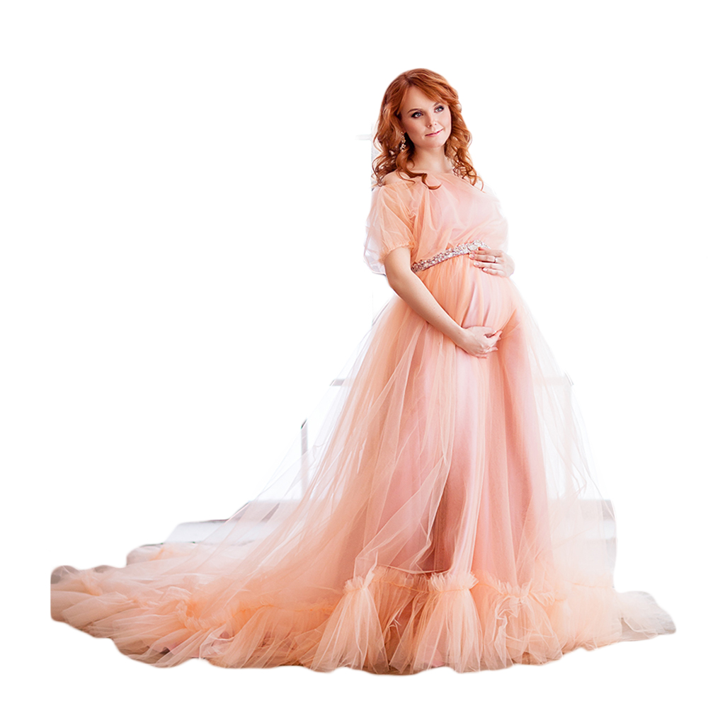 Elegant Pink Sleepwear Evening Dresses Off Shoulder Tulle Sweep Train Maternity Dress Plus Size Pregant Photograph Gowns vestido de novia