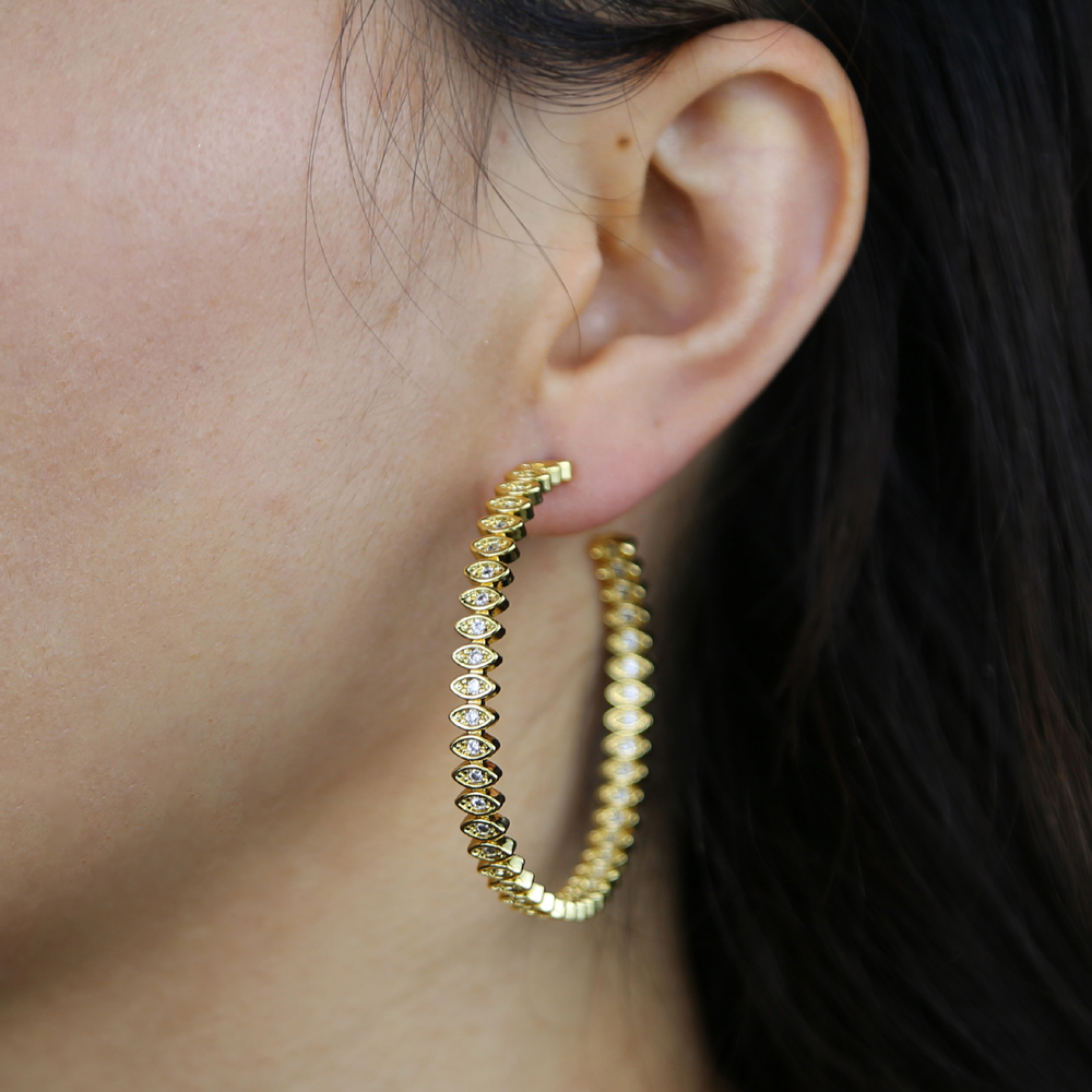 New Gold Silver Color Fashion Wedding hoop earring Jewelry Big Crystal Eye Shape 50mm Earrings Circle Round Earrings for Women