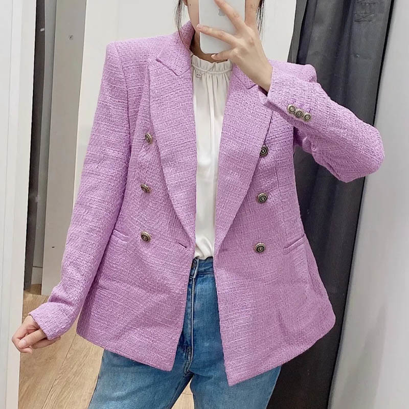 Fashion Double Breasted Purple Tweed Blazer Women Office Wear Chic Jacket Coat Elegant Long Sleeve Outerwear Tops 210414