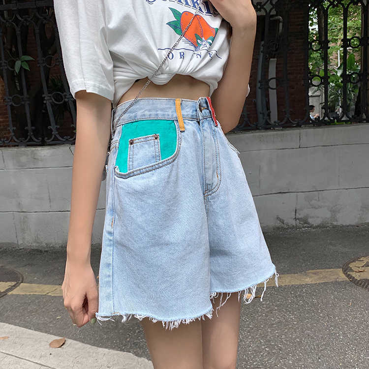 SML preppy style high Waist Denim Shorts jeans for Women Summer Ladies color patchwork pocket womens (F6379) 210724