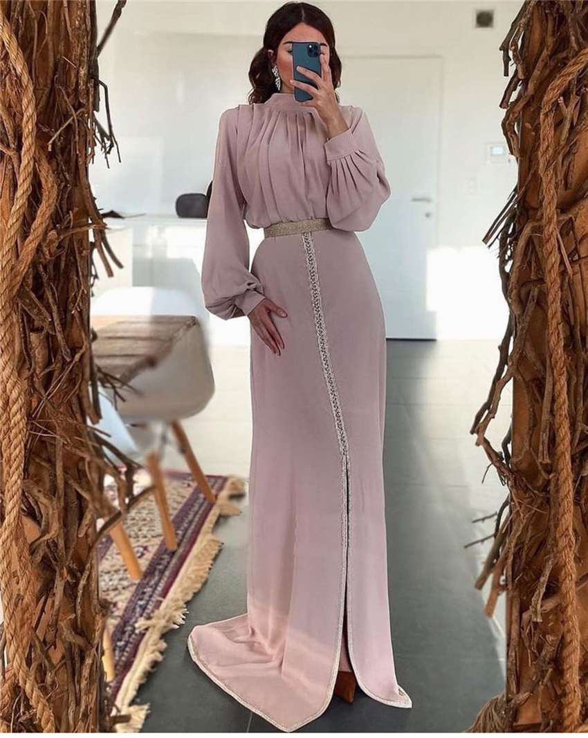 Simple Old Lavender Chiffon A Line Formal Evening Dresses Puff Long Sleeves High Neck Front Slit Floor Length Prom Gowns