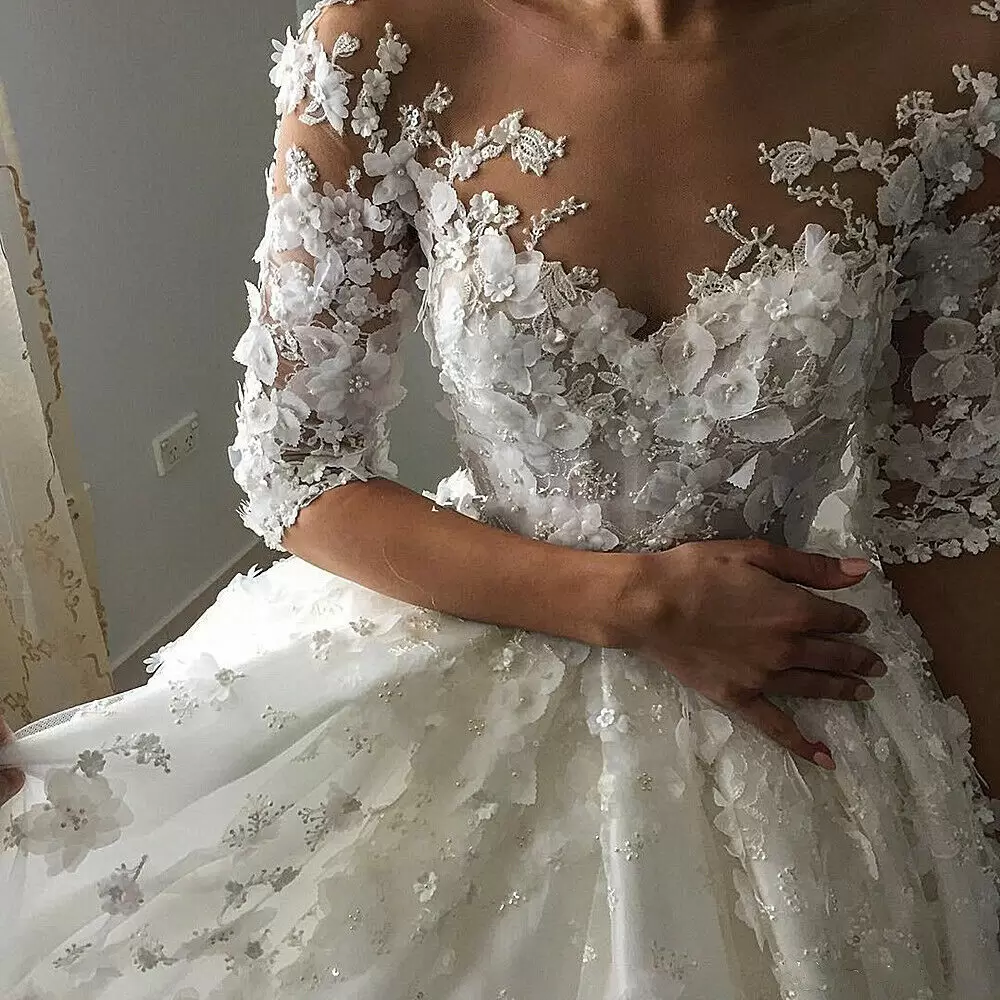 Half Sleeves Ball Gown Wedding Dresses Bridal D Floral Applique Handmade Flowers Beads Scoop Neck Cathedral Train Custom Made Arabic Plus Size Vestido