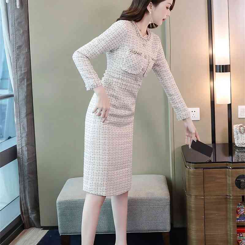Fashion Women Tweed Long sleeve Midi Dresses Autumn Winter Beading Office OL Bodycon sheath Dress Vesitdos 210519