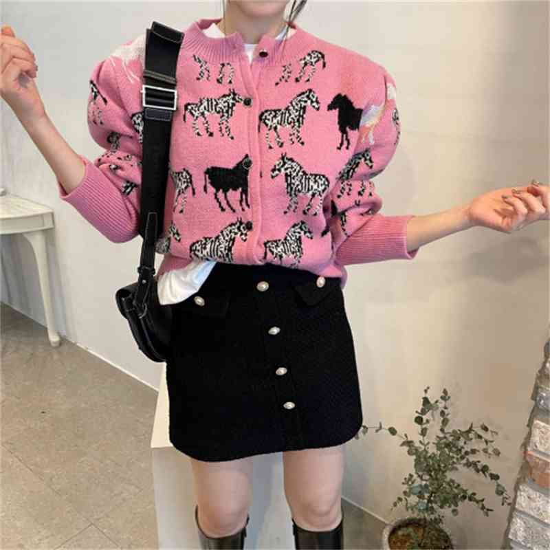 Zebra Knitted Single-breasted Women Cardigan Sweater Spring Autumn Full Sleeve O-neck Korean Vintage Elegant Fashion Jumper 210514