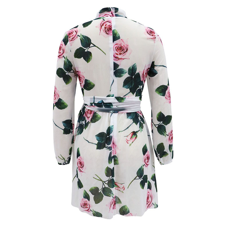 Women Chiffon Floral Dress Ladies Above Knee Mini Empire Beach Style Dresses High Waist Belt Vestido Turtle Neck Fashion Costume 210409