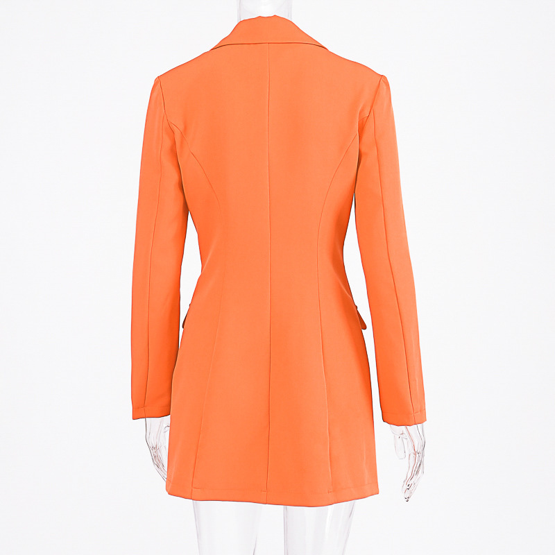 NewAsia Orange Blazer Dres Sexy Notched Pocket Long Elegant Office Ladies Double Breasted Autumn Dress Jacket 210413