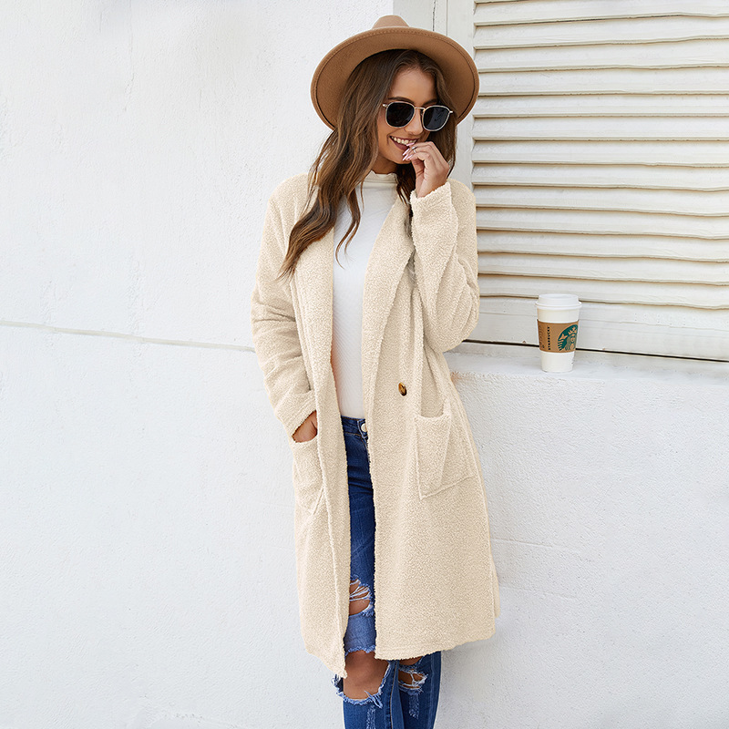 Autumn Winter Fleece Jacket Women New Casual Long Overcoat Single Button Pocket Double Sided Plush Jacket Coat 210413
