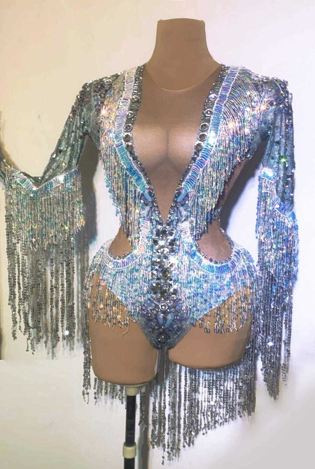 Sparkling Silver Sequin Tassel Party Bodysuit Women Stretch Dance Fringes Jumpsuit Club Bar Singer Leotard Stage Wear 210622
