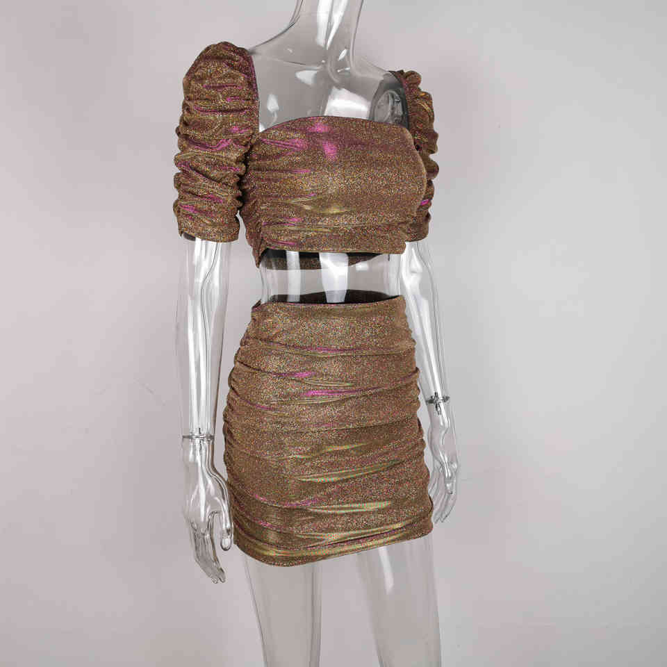 Summer Women Sexy Sequins Club 2 Two Pieces Sets Short Puff SleeveTops&Mini Skirt Celebrity Runway Party Set 210423