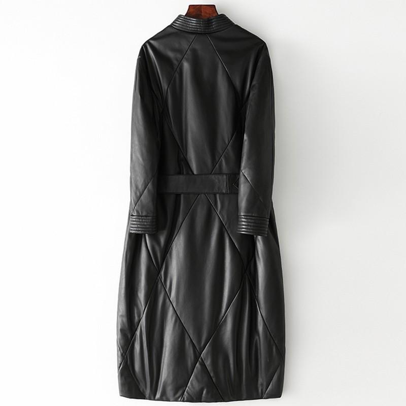 Women V Vintage Neck Long Down Jacket Winter Warm Coats 2021 Belted Loose Fit Sheepskin Overcoat Ladies Genuine Leather Women's & Faux