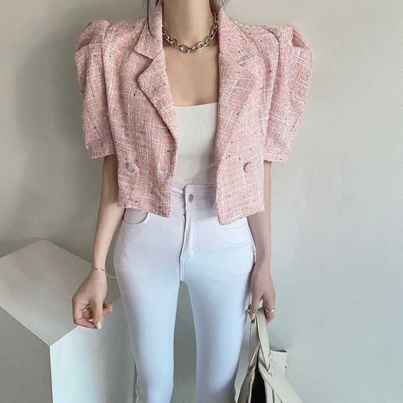 Korea Chic Retro Summer Short Sleeve Lapel Tweed Jacket Straight Puff Sleeve Short Cardigan Coat Crop Tops Fashion Sexy Wild 210928