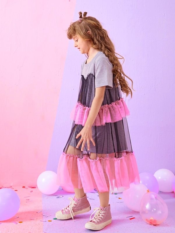 Girls Color Block Layered Hem 2 In 1 Dress SHE