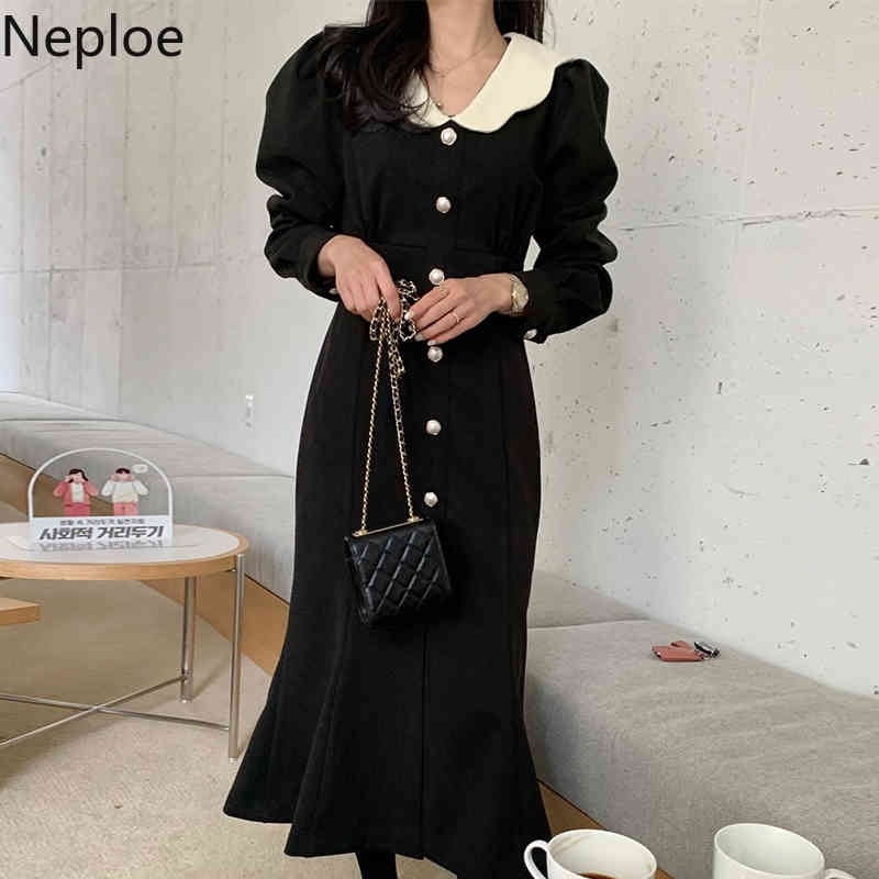Neploe Korean Elegant Woman Dress Peter Pan Collar Single Breasted Vestidos Slim Waist Temperament Plaid Maxi Dresses Women 210422