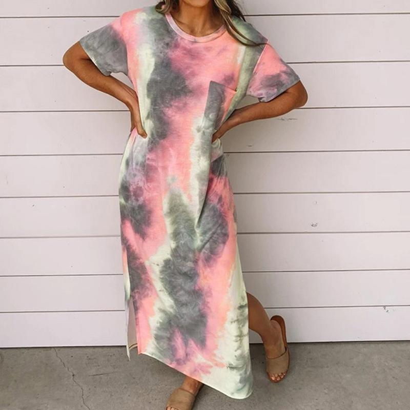 Casual Boho Beach Dresses Womens Tie-Dye Printed O-Neck Party Summer Maxi Dress Sexy Split Short Sleeve Loose Long 2021