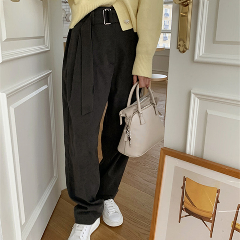 OL Elegant Minimalist High Waist Straight Pants Women Spring Autumn Chic Solid Casual Trousers with Belt 210421