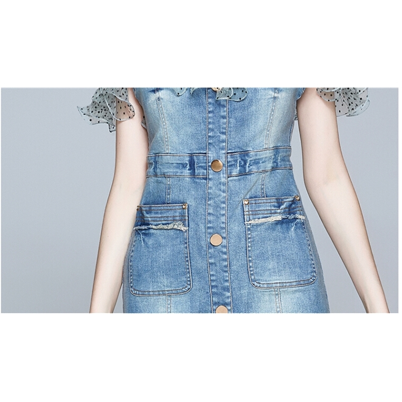 Fashion Women Summer Denim Dress Dot Mesh Patchwork Ruffle Jean es Sexy Strapless Vestidos 210520
