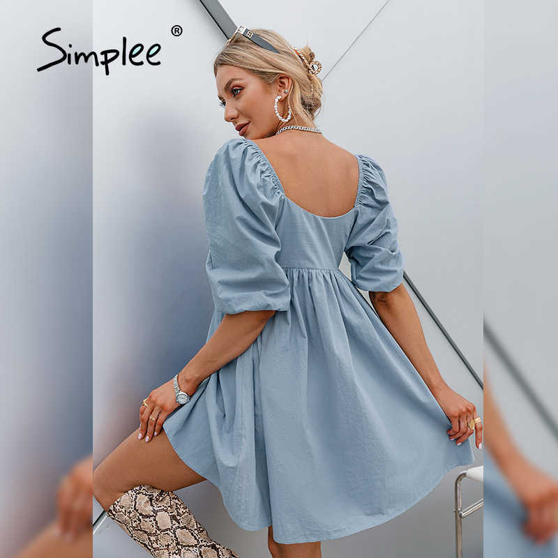 Cotton V-neck Loose Lantern Sleeve Mini Dress Fashion Blue Summer Women A-line dress Solid retro high waist Vestido 210630