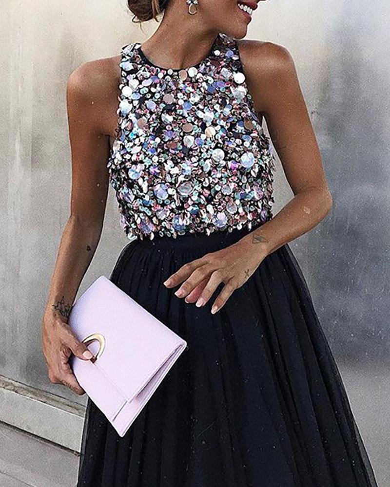 Women Spring A Line Party Dress Sleeveless Sequins Colorblock Mesh Insert Ruffles Ruched Dress Elegant O Neck Sweet Vestidos 210415