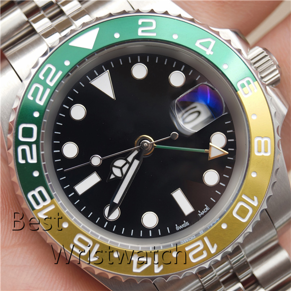 Mens Watch Automatic Mechanical GMT Stainless Steel Yellow Orange Green Ceramic Bezel 40mm Jubilee Strap Master Wrist Watches Montre Homme